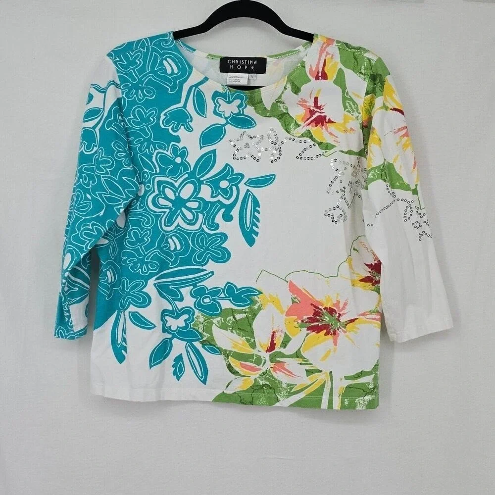 Christina Hope Petite 3pc Set Floral Orchid Blazer Cropped Pants Sequin Top L 16
